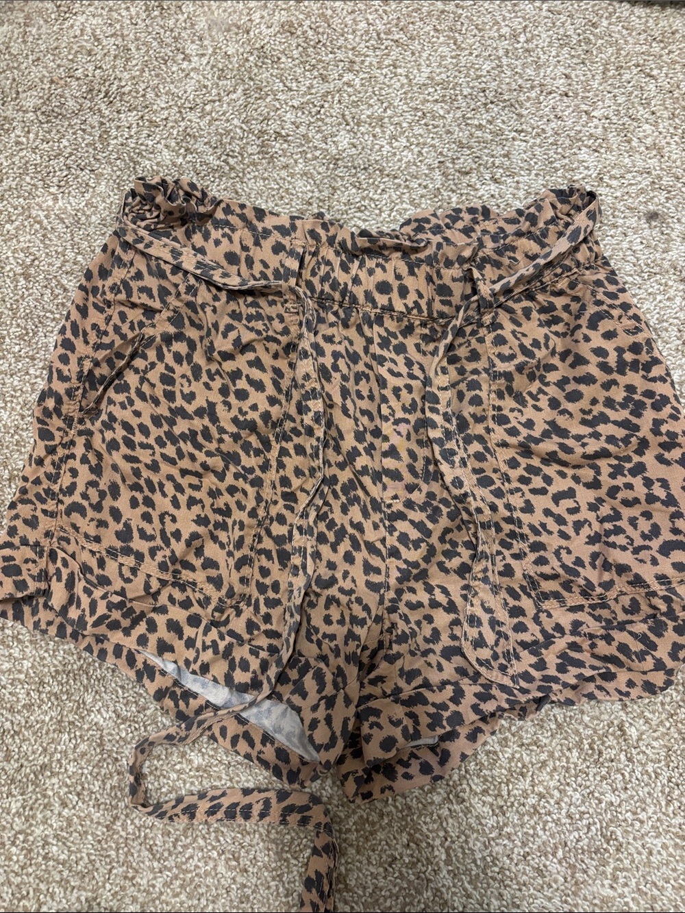 aerie Leopard Print High-Waist Paperbag Shorts in Brown and Black